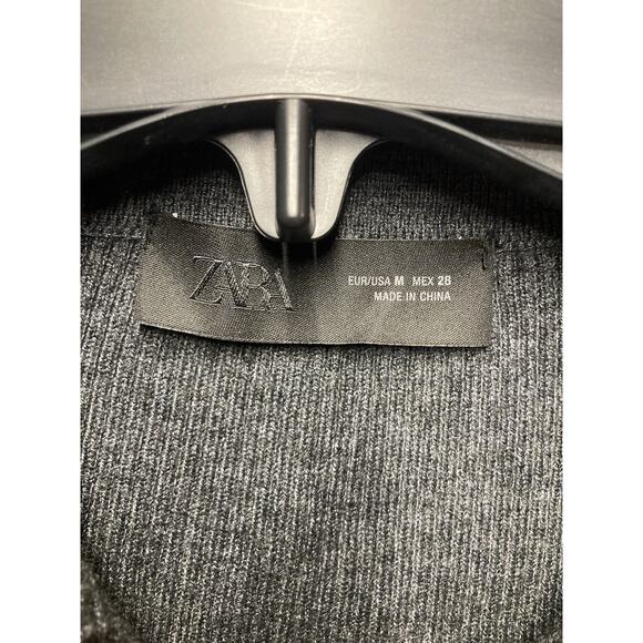 Zara Blouse Woman M Gray Cardigan Tight Knit Wool Blnd Ruffled Collar Quiet Luxe - Picture 4 of 7